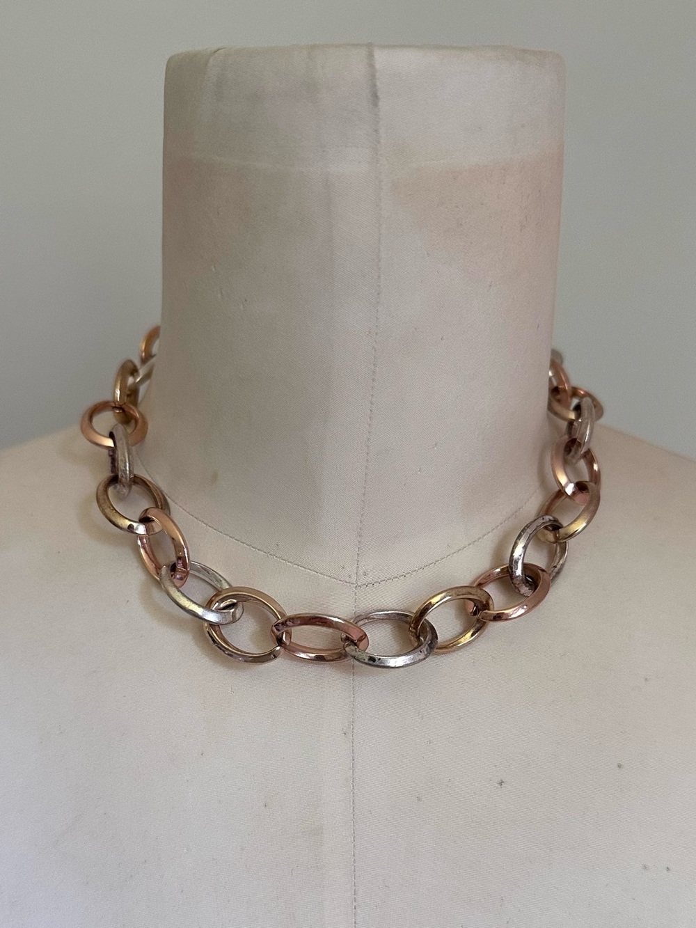 Ralph Lauren Tri-Tone Choker Necklace - Chunky Link Gold Silver Rose Gold Tones